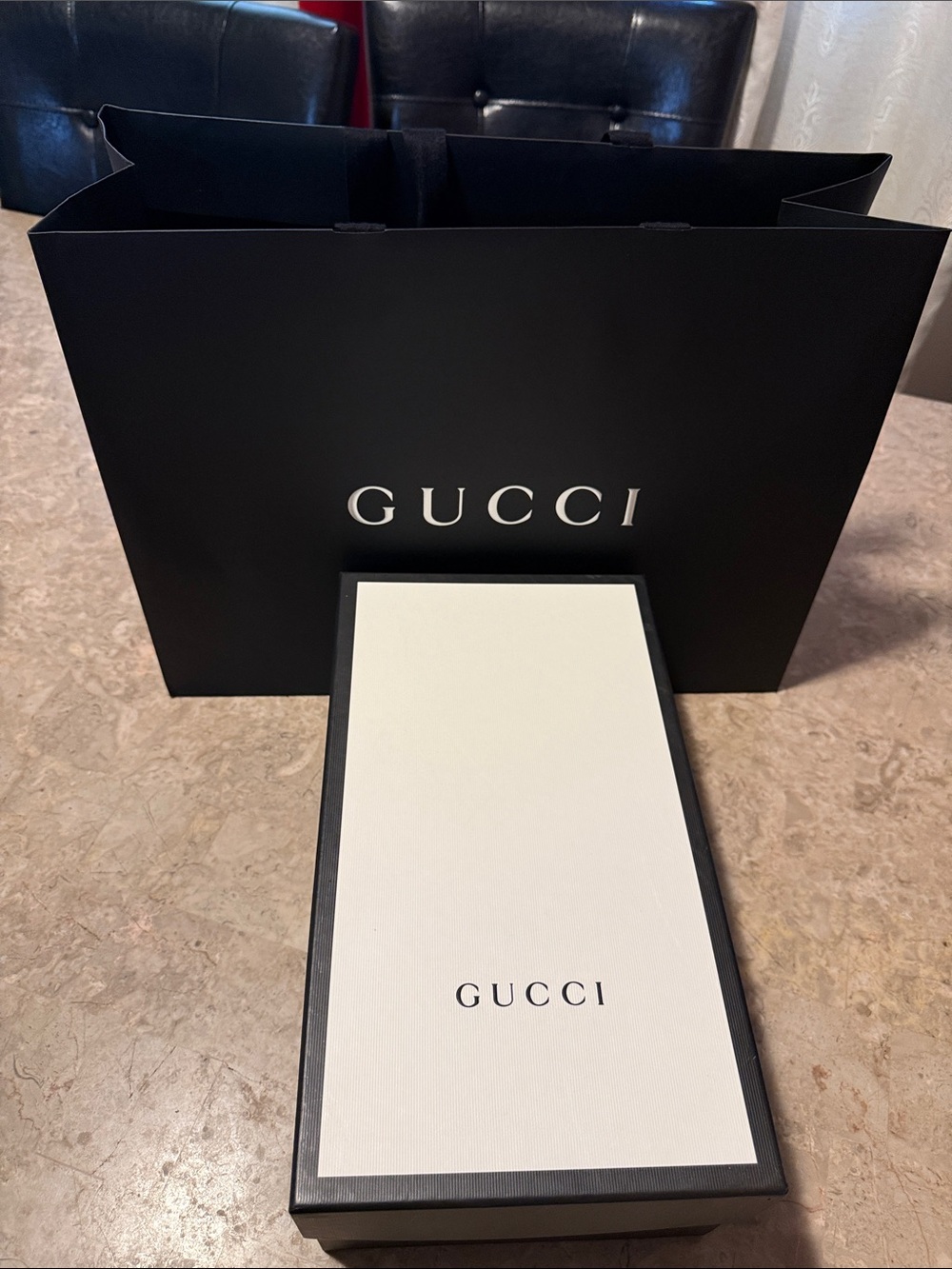 Gucci Black Shopping Bag with White Logo and White Box